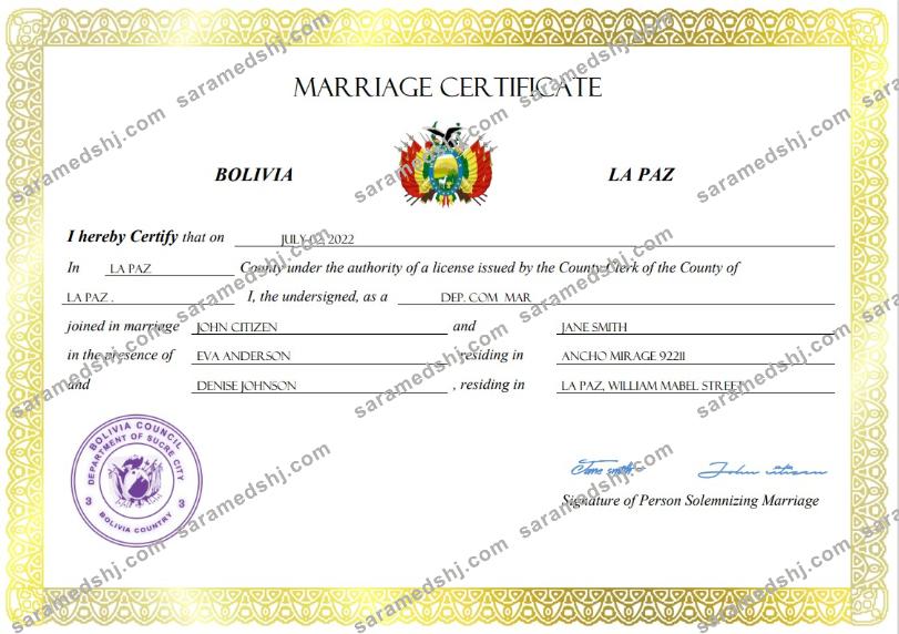 Bolivia marriage certificate Word and PDF template